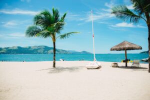 White sand beach with palm tree and sailboat