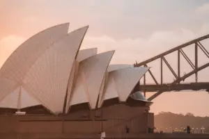 Sydney Opera House roof sails in pink evening light