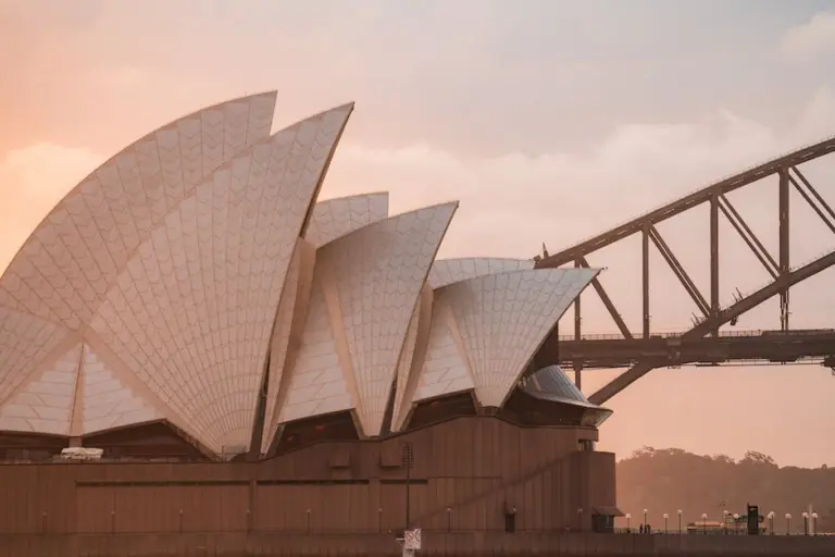 Sydney Opera House roof sails in pink evening light