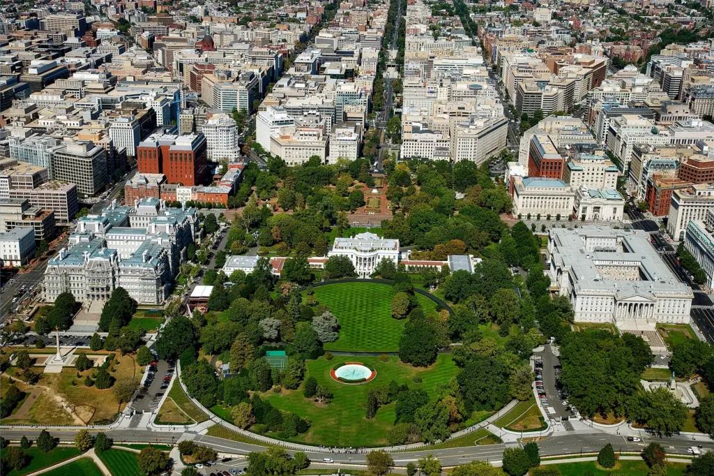 Aerial view of the White House and surrounding Washington DC