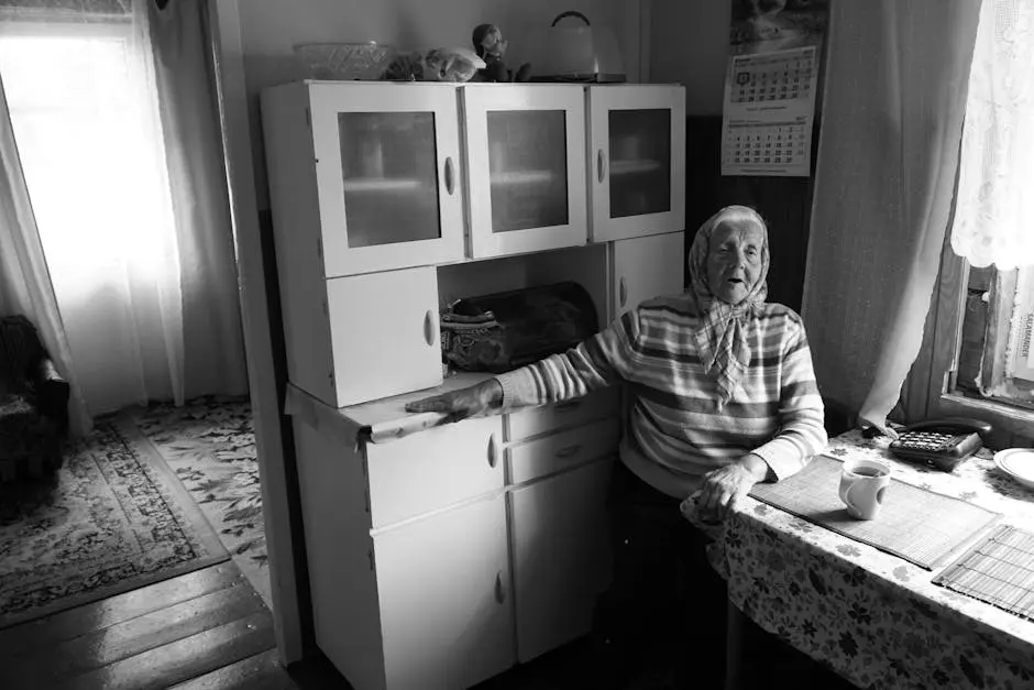Elderly man sitting in an old kitchen in black and white