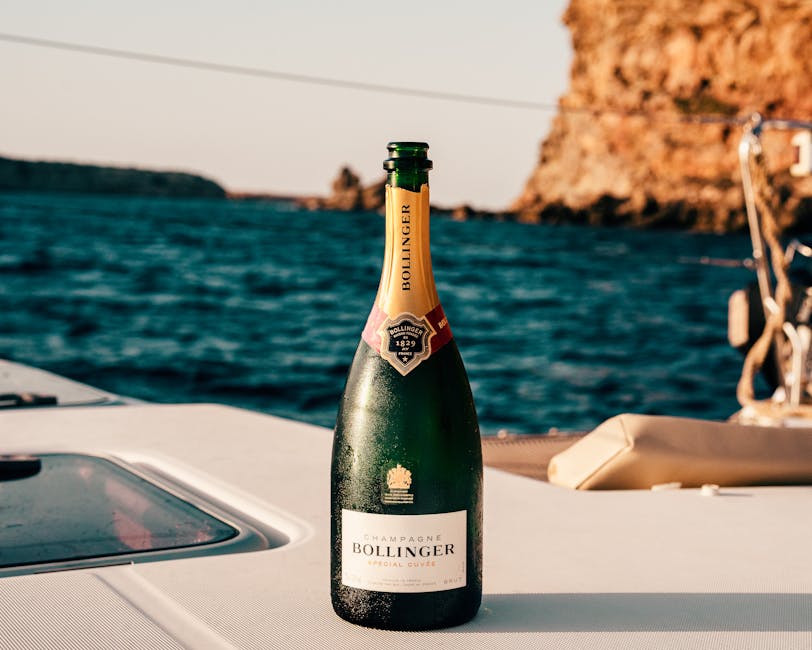 Bottle of Bollinger champagne on the deck of a boat