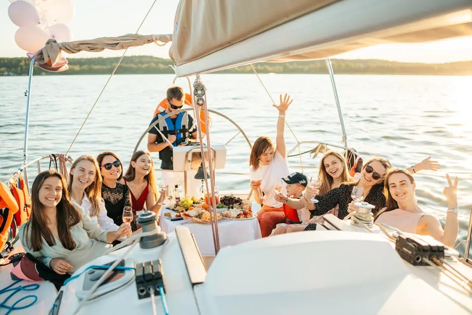 Gruppe von Freunden feiert an Deck einer Yacht