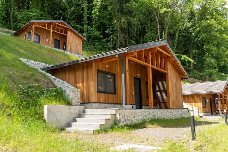 Wooden holiday rental house surrounded by trees