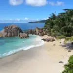 Beach with granite rocks and palm trees in the Seychelles