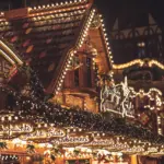 Christmas market stalls in a European old town