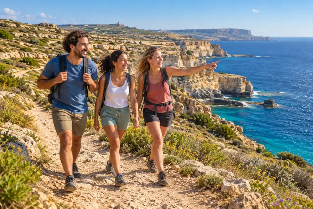 Wanderer auf einem Küstenpfad über den Klippen von Gozo, Malta (KI-generiert)
