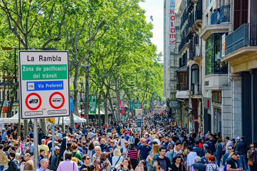 Menschenmenge auf der Einkaufsstraße La Rambla in Barcelona, Spanien