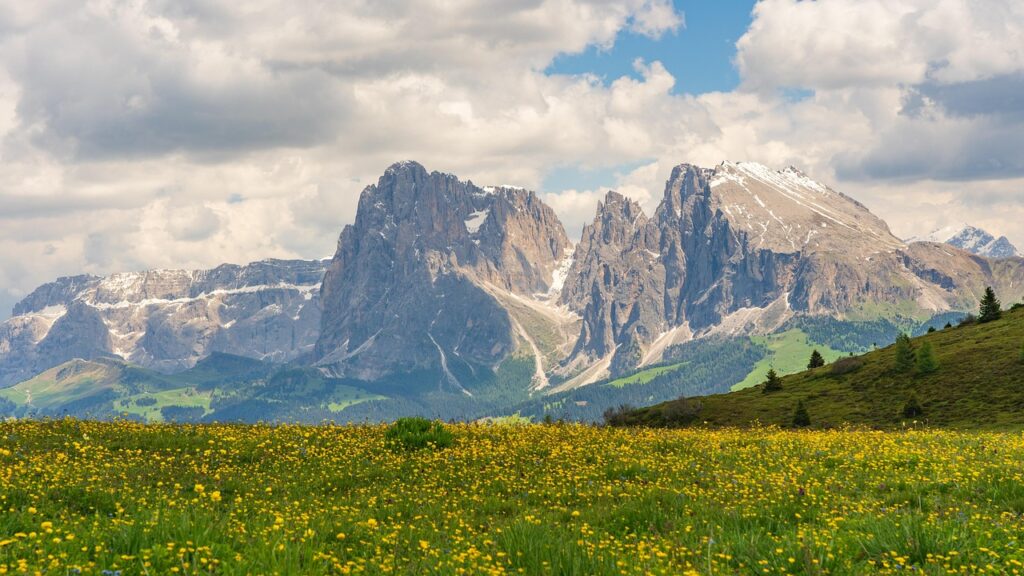 Dolomites peaks above Seiser Alm meadows in South Tyrol