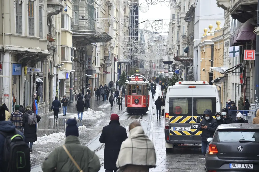 Historische Straßenbahn auf der İstiklal-Straße in Istanbul im Winter