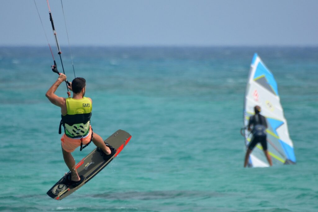 Kitesurfers on the sea at Corralejo, Fuerteventura