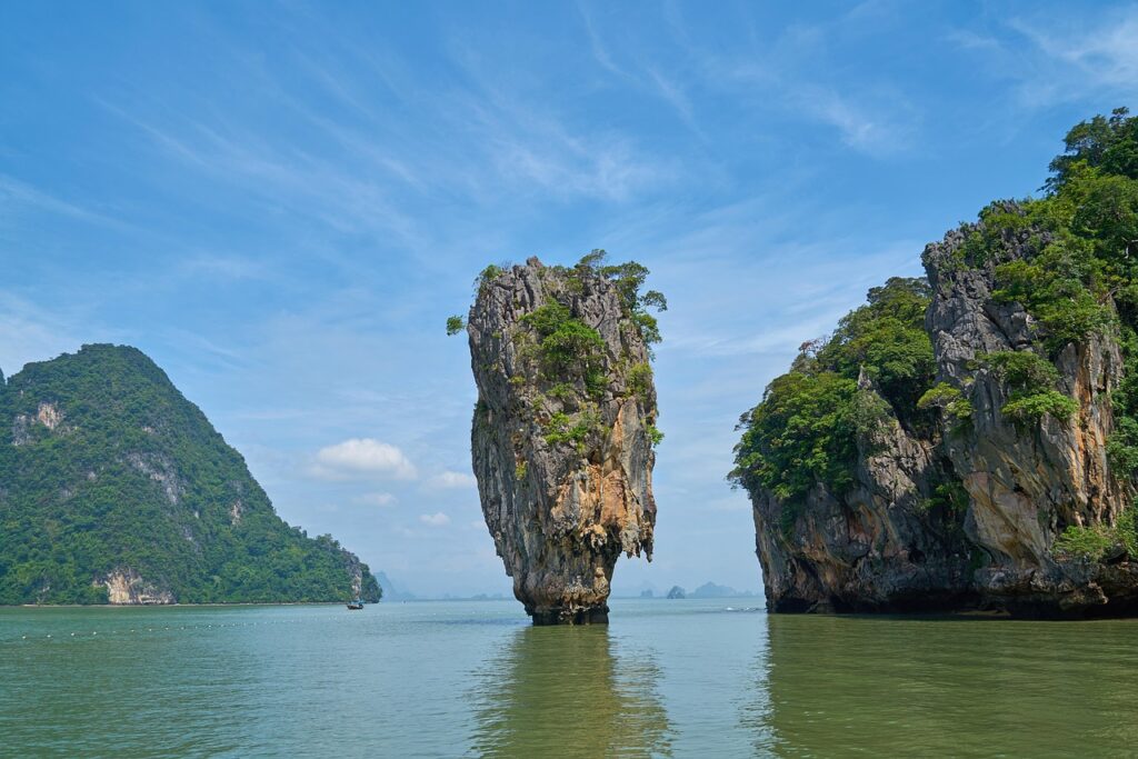 Limestone rocks rising from the sea in Phang Nga Bay, Thailand