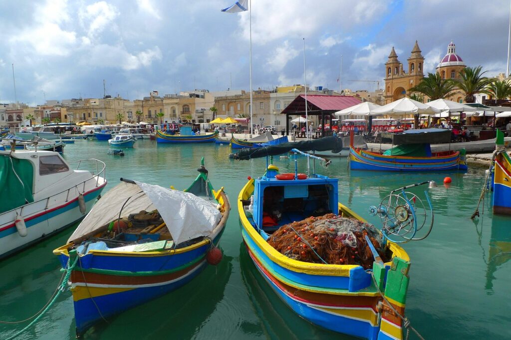 Market stalls with fresh produce in Marsaxlokk, Malta