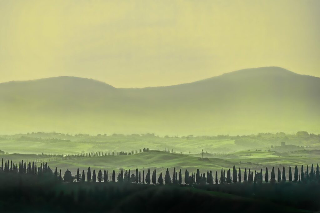 Misty wooded hills in Tuscany, Italy at dusk