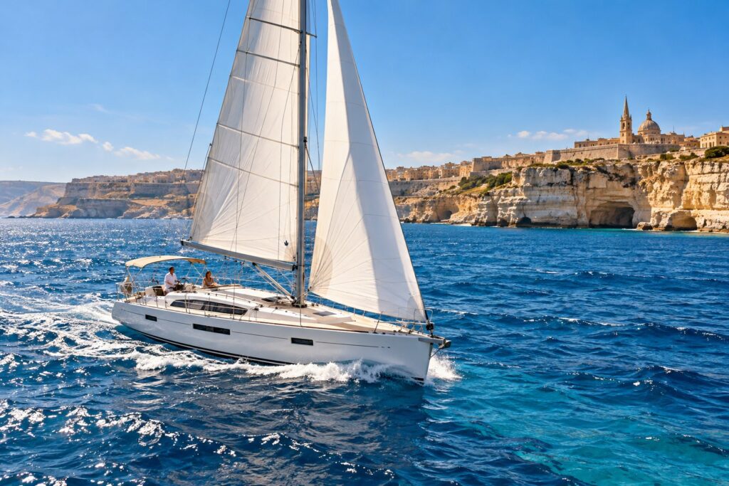 Sailing yacht under sail off the limestone coast of Malta (AI-generated)