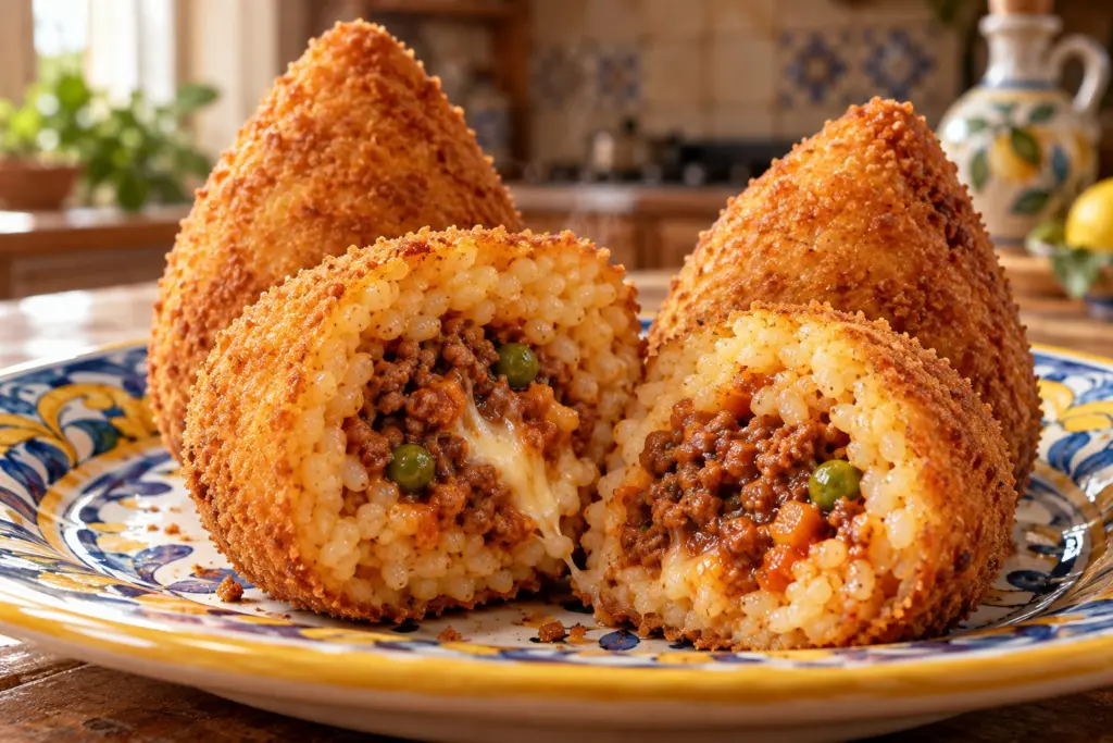Goldbraun frittierte sizilianische Arancini auf einem Teller (KI-generiert)