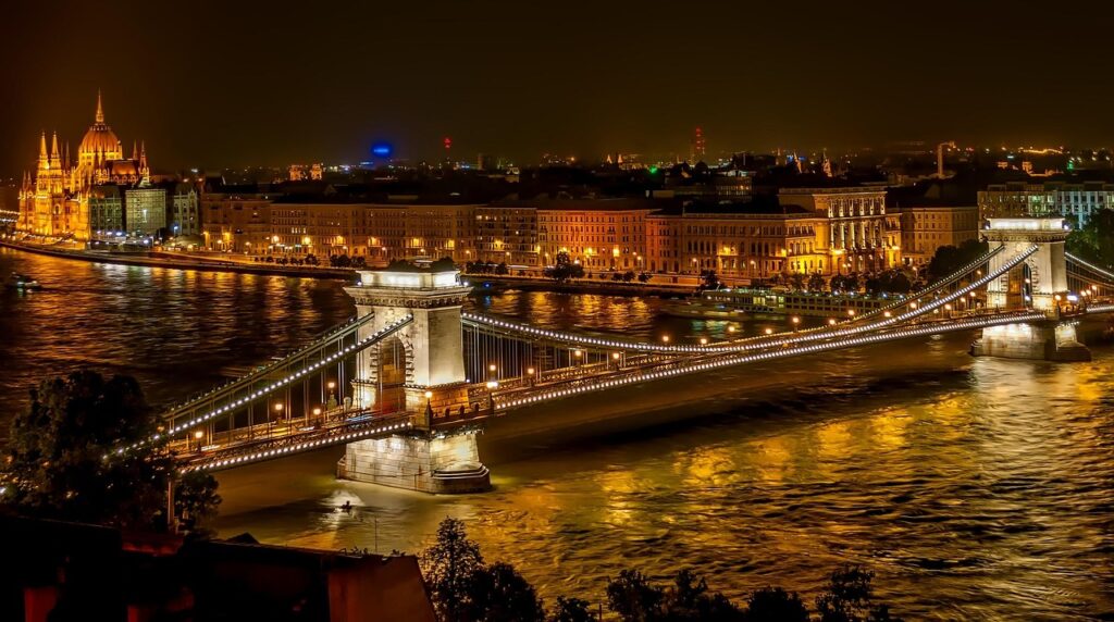 Széchenyi Chain Bridge illuminated at night in Budapest