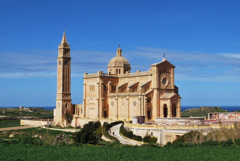 Ta' Pinu basilica on Gozo under a blue sky, Malta
