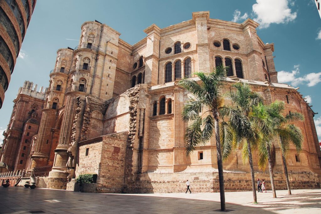 The facade of the cathedral in Malaga, Spain