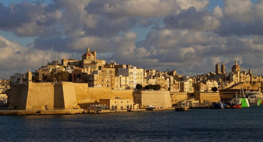 The harbour and waterfront buildings of Valletta, Malta