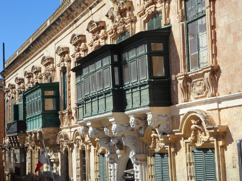 Traditional wooden balconies on a townhouse in Valletta, Malta