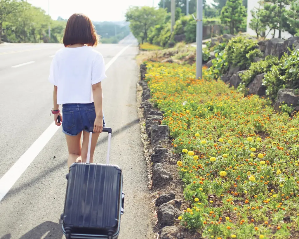 Woman walking with her suitcase along a road