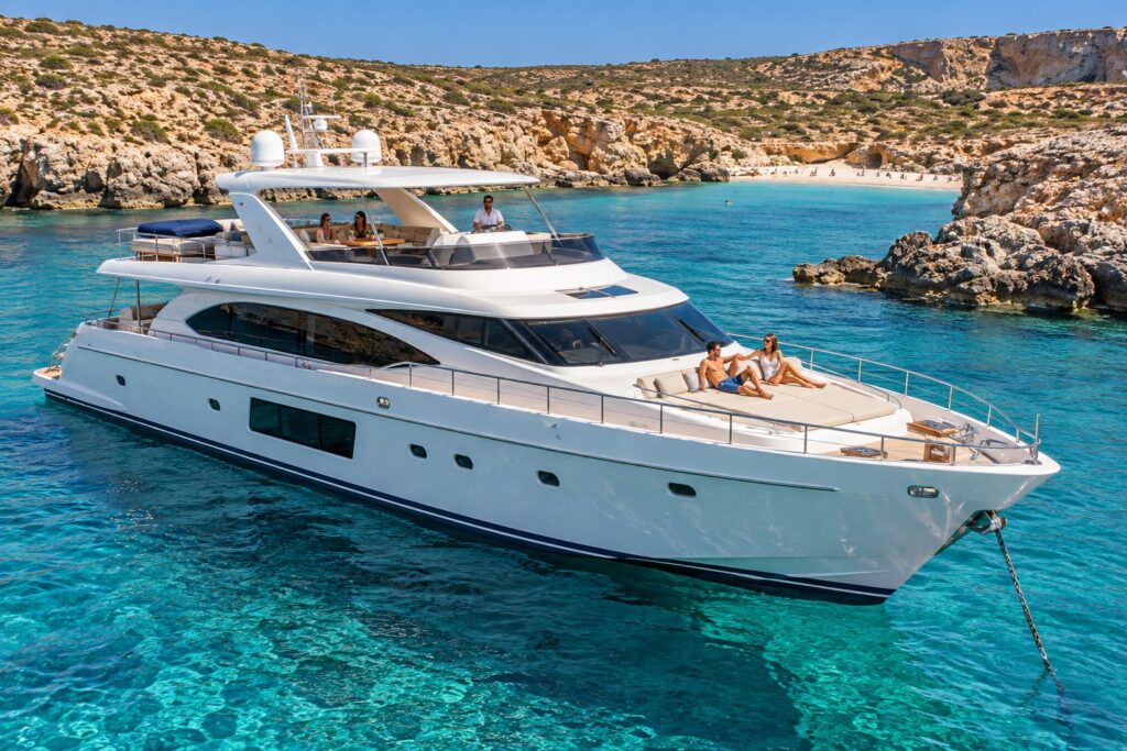 Yacht at anchor in a quiet bay off Comino, Malta (AI-generated)