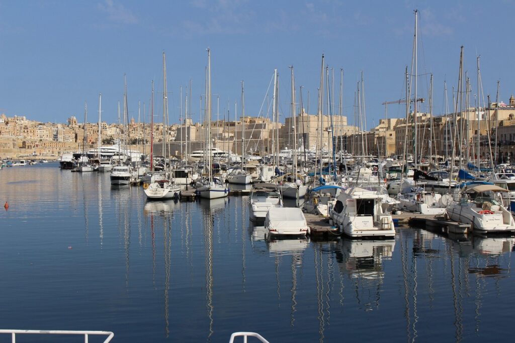 Yacht marina in the Grand Harbour with Valletta skyline, Malta